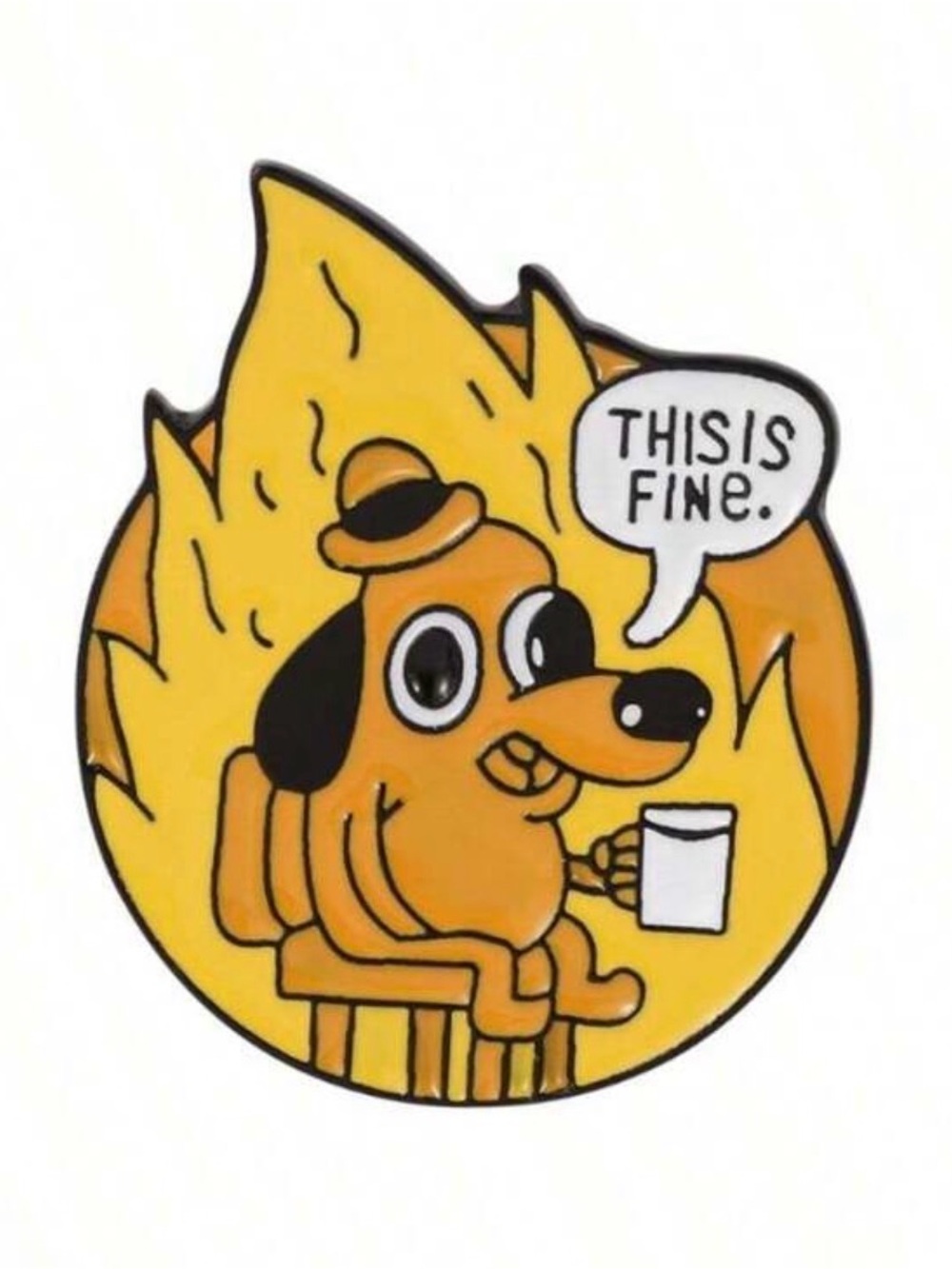 Yellow 'This Is Fine' Enamel Pin - Playful Dog Design